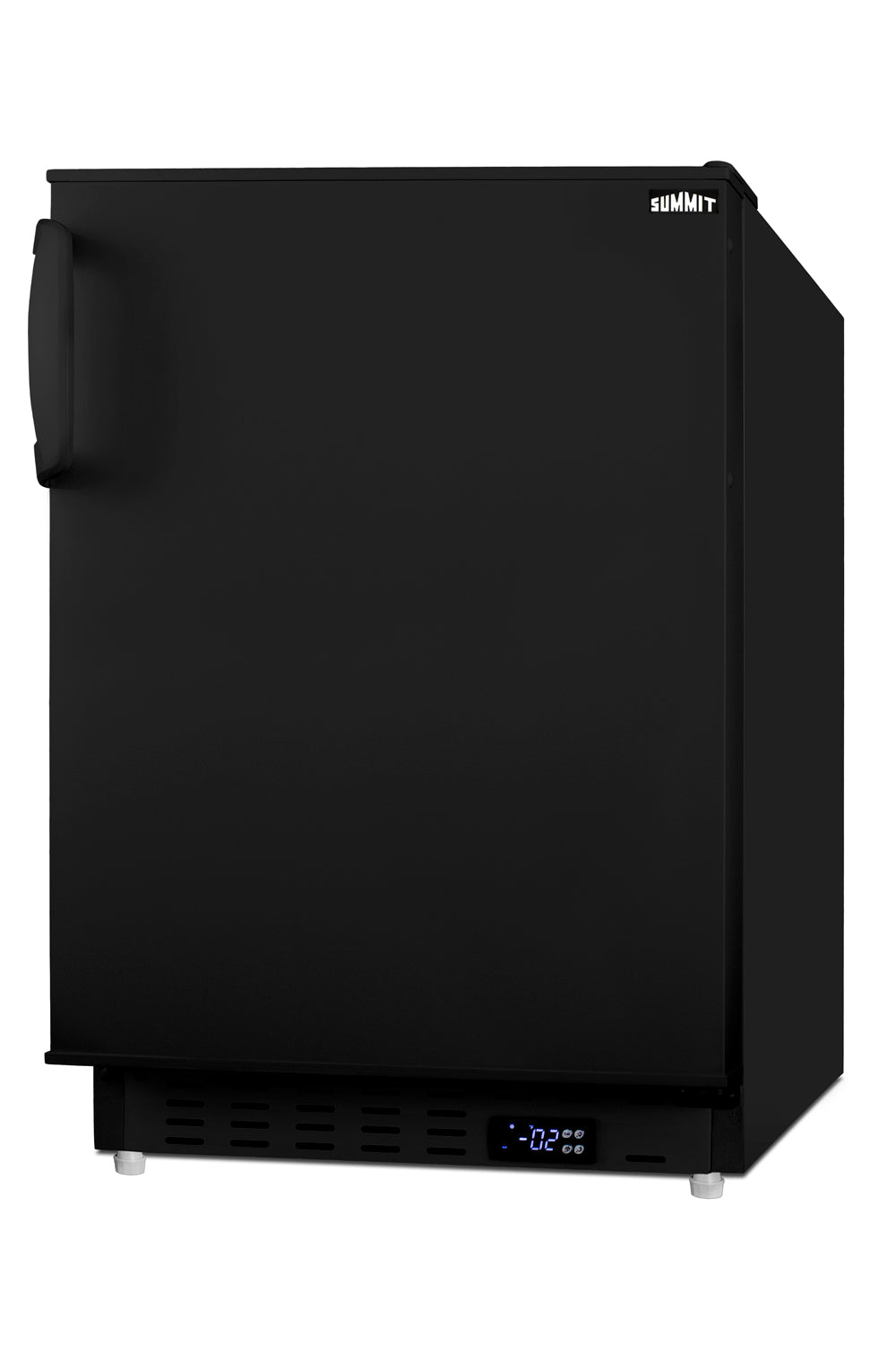 Compact black built-in all-freezer with digital temperature display designed for undercounter kitchen installation