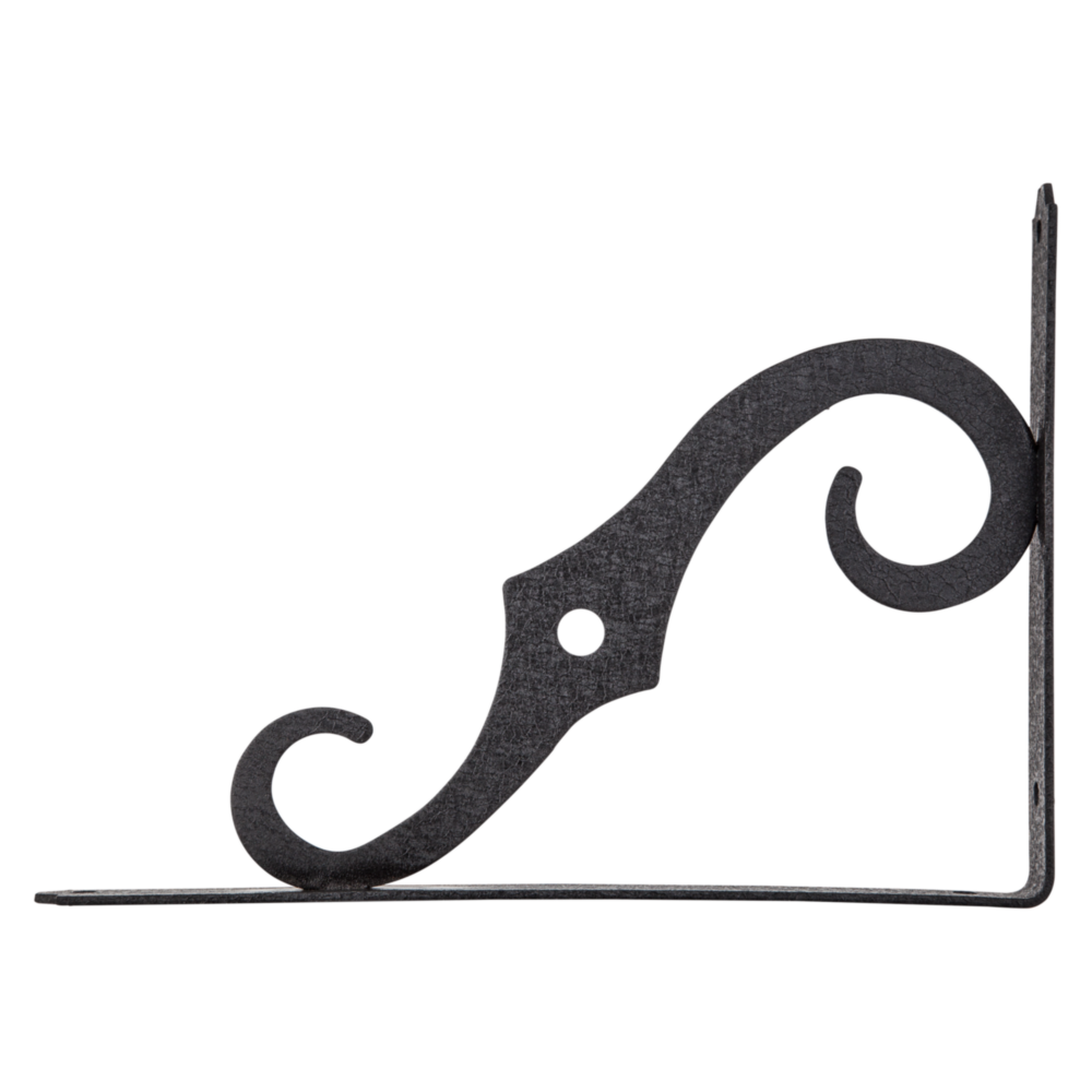 Black ornamental steel shelf bracket with decorative scroll design for shelving and storage organization