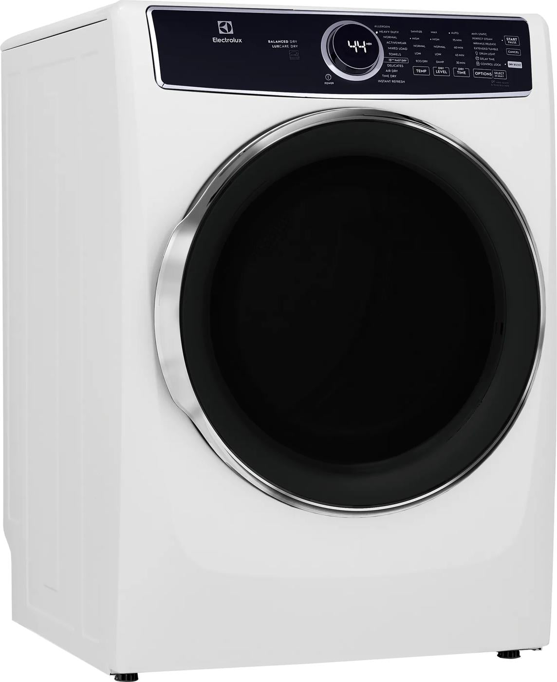 White front load electric dryer with large tinted glass door and digital control panel from dryers collection