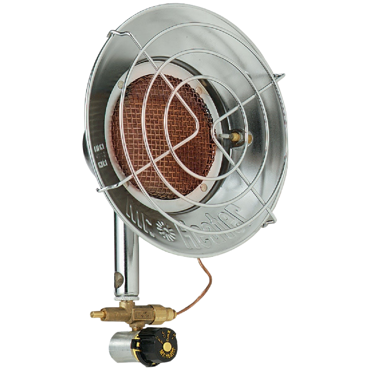 Compact radiant propane heater with protective metal grill and adjustable brass control valve for outdoor heating use under $100