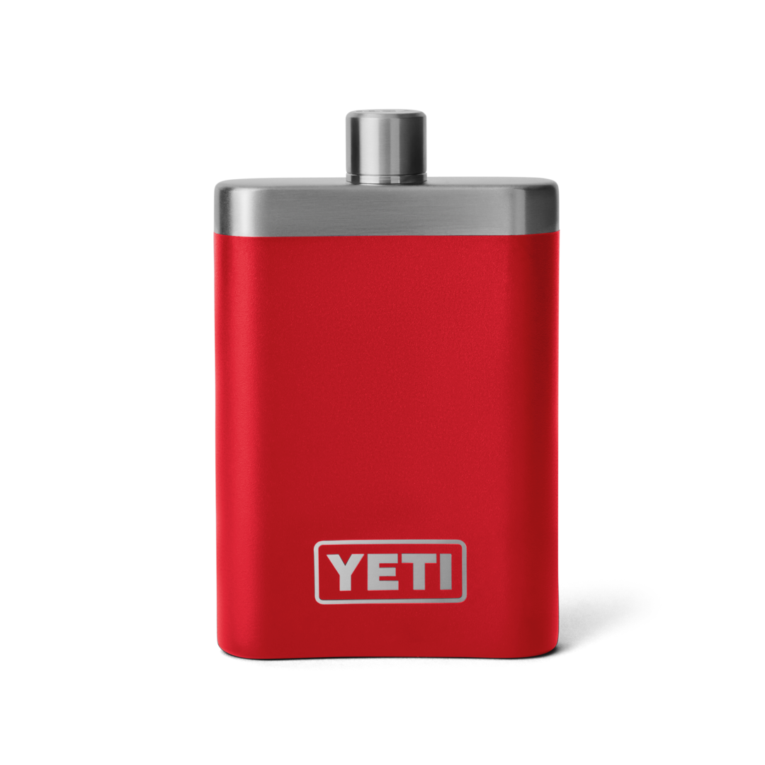 Red durable YETI Flask with silver top and logo, designed for Drinkware and Kitchen & Kitchenware collections under $100