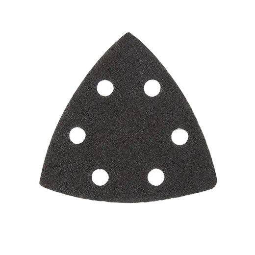 Black triangle sanding pad with six evenly spaced dust extraction holes for power tool accessories and home improvement