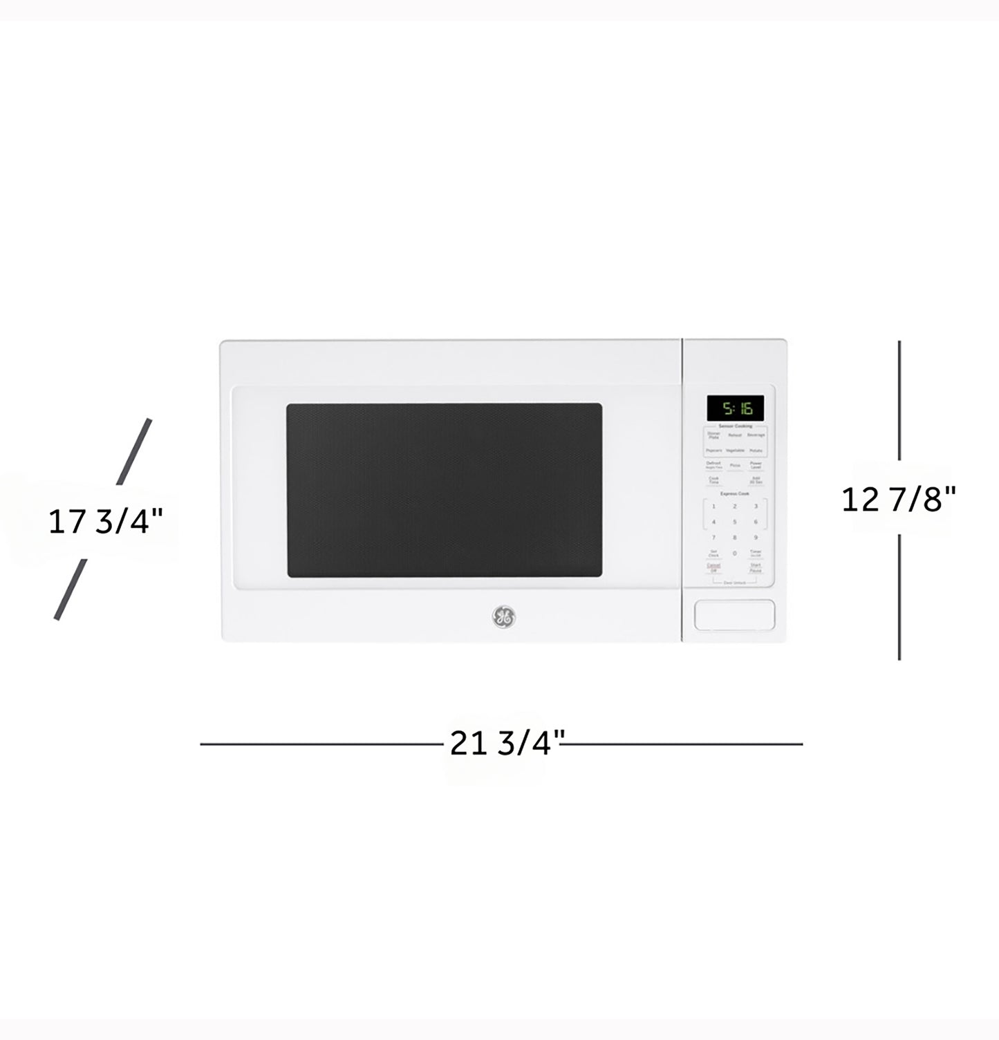 White countertop microwave with digital display and control panel showing cooking functions and dimensions