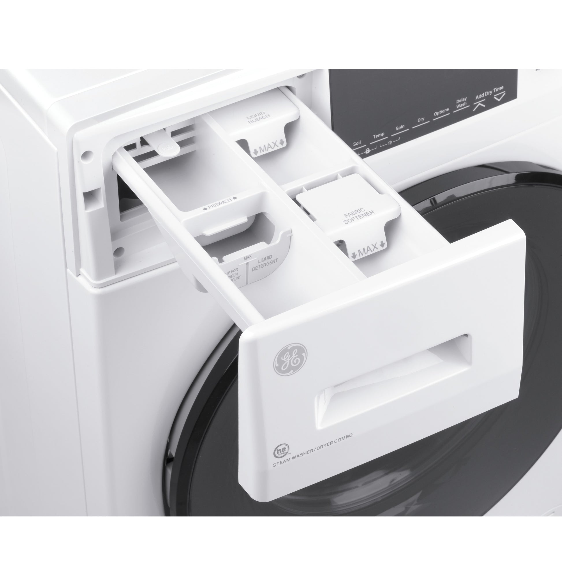 Close-up of white front load washer detergent drawer with compartments from Washer/Dryer Combos collection