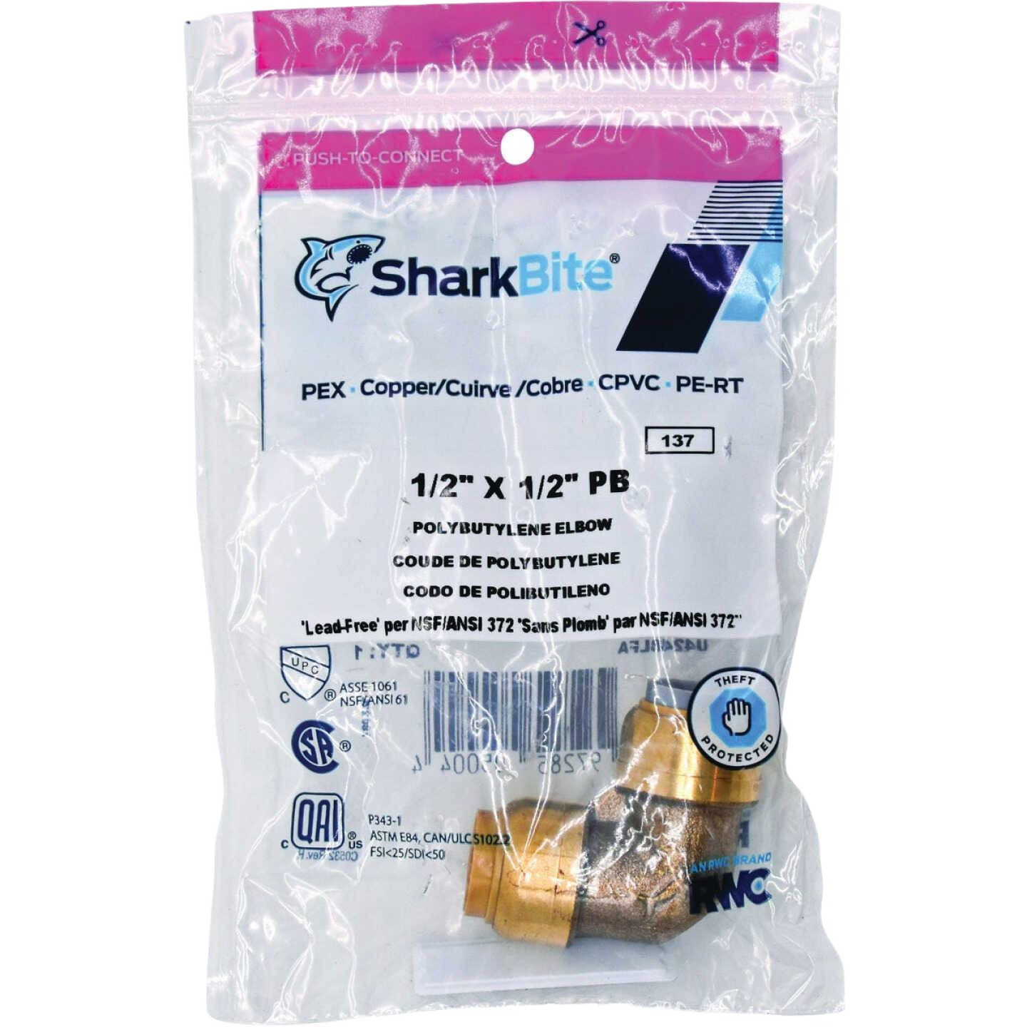Push-to-connect polybutylene 90-degree brass elbow fitting in clear packaging for plumbing and pipes & fittings collections