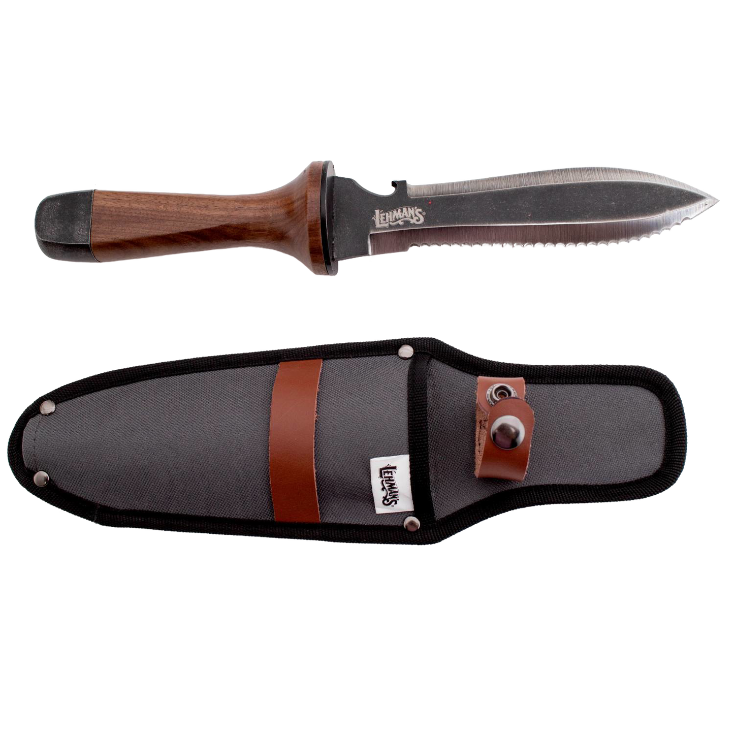 Hori Hori garden knife with wooden handle and serrated edge, accompanied by a black sheath with leather strap for outdoor hand tools.