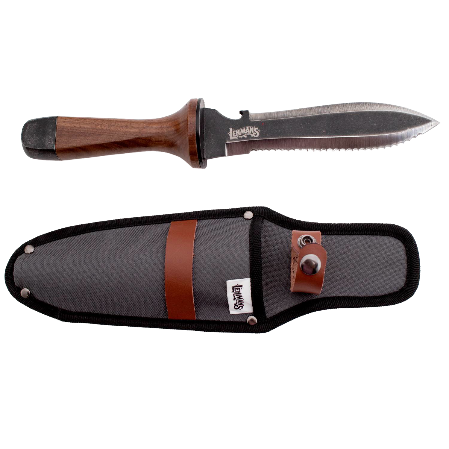 Hori Hori garden knife with wooden handle and serrated edge, accompanied by a black sheath with leather strap for outdoor hand tools.
