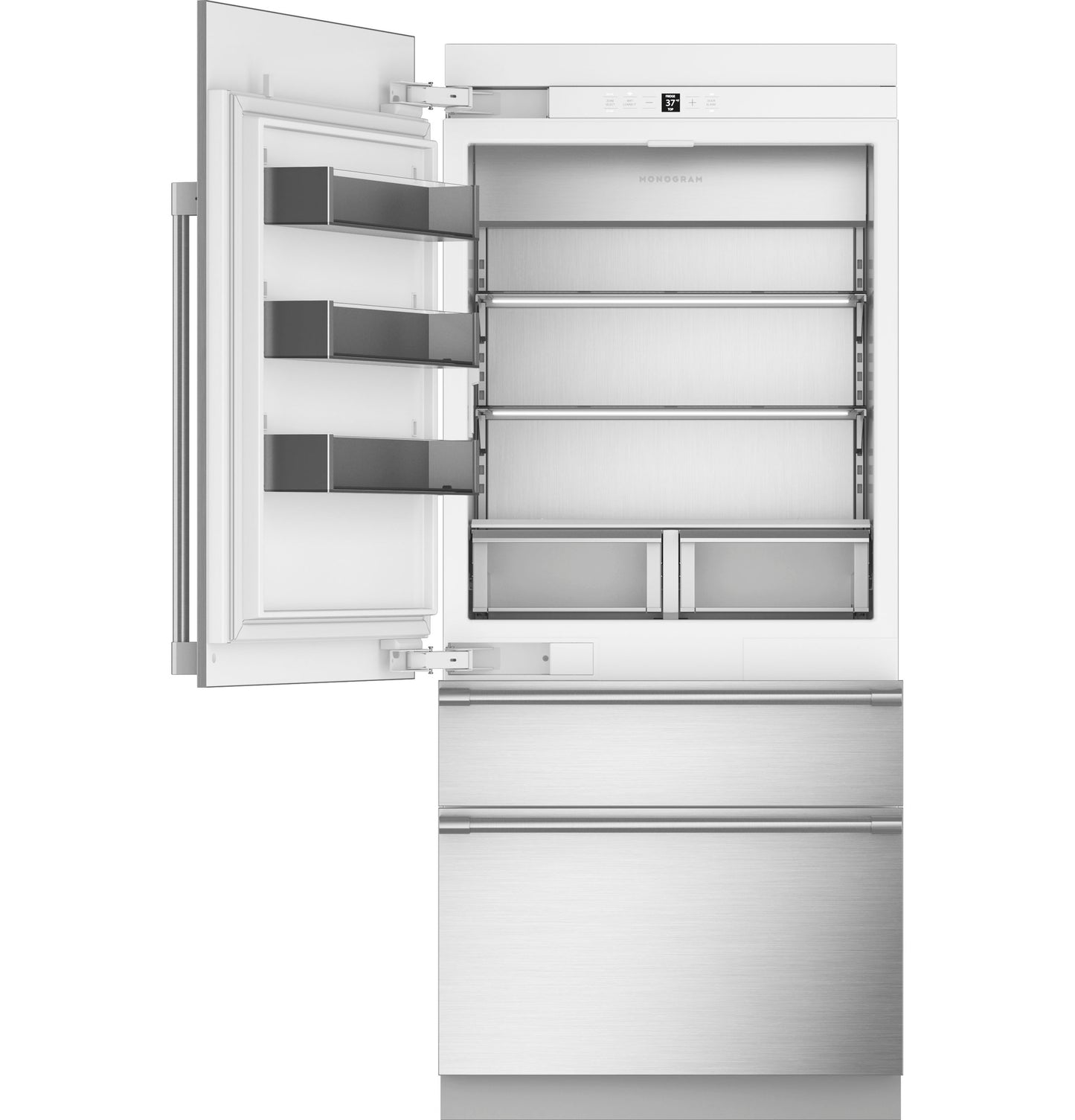 Open premium panel-ready refrigerator with integrated bottom-left hinge and adjustable shelves in kitchen appliances collection