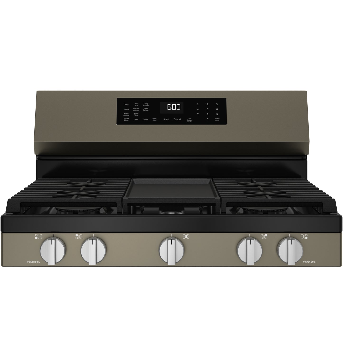 Free-standing gas range in slate finish with five burner knobs and digital display in kitchen appliance setting
