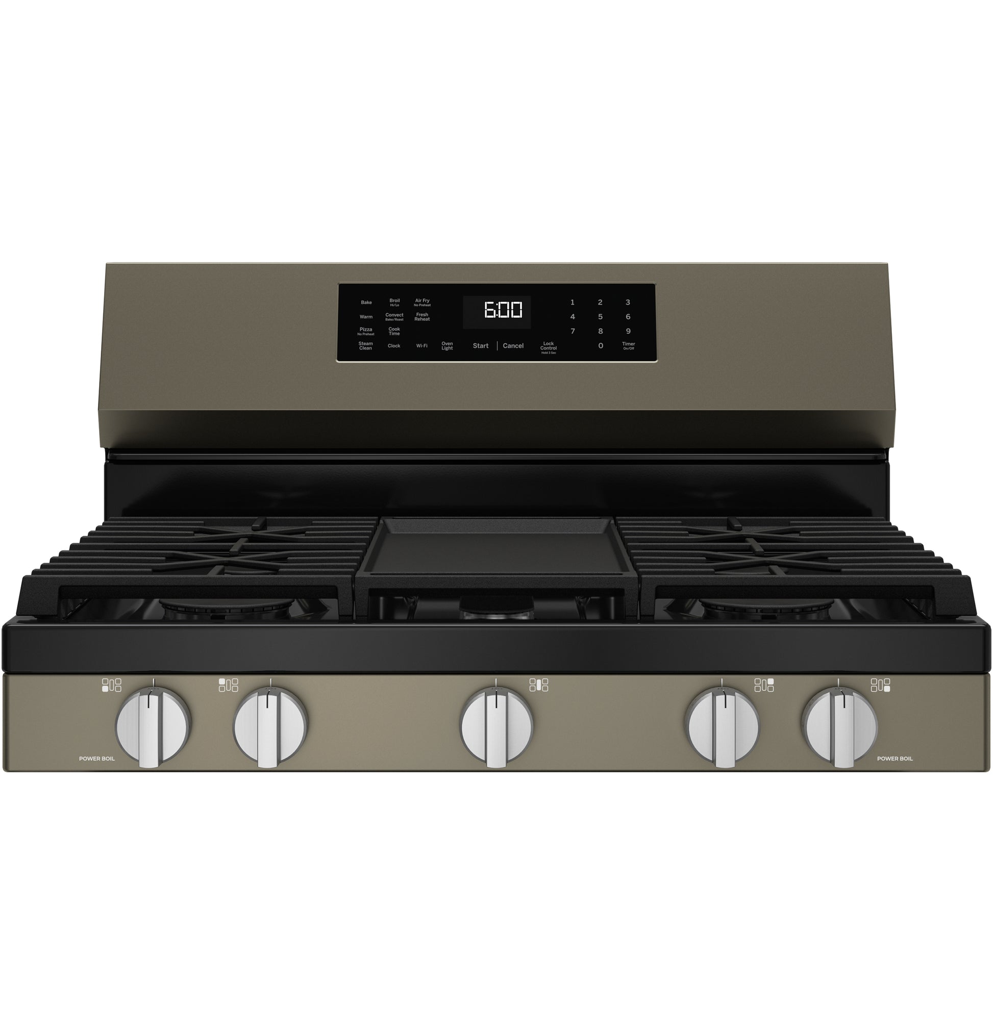 Free-standing gas range in slate finish with five burner knobs and digital display in kitchen appliance setting