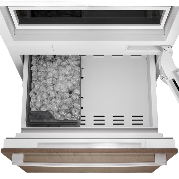 Open bottom freezer drawer with built-in ice storage and soft-close hinge in Bosch refrigerators collection