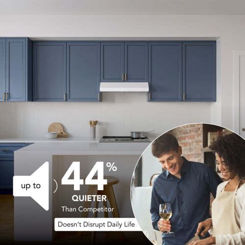 Modern kitchen with blue cabinets and white under-cabinet range hood in stylish home improvement setting