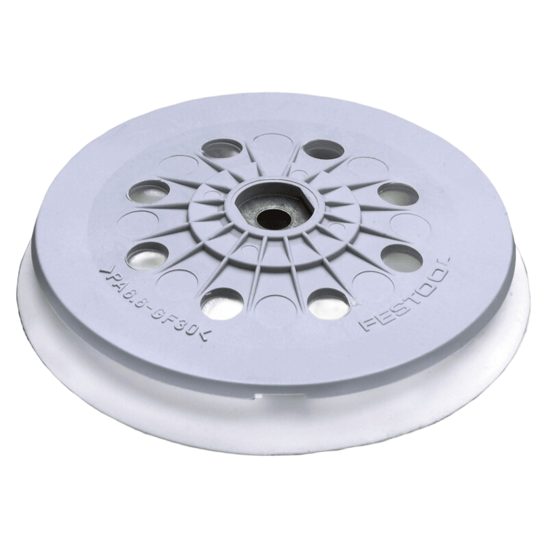 Round light gray sanding pad with ventilation holes for woodworking tool accessories in under $100 power tool collections