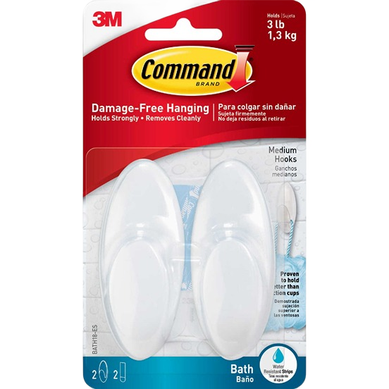 Pair of white medium-sized adhesive hooks with water-resistant strips for damage-free hanging in home improvement tasks