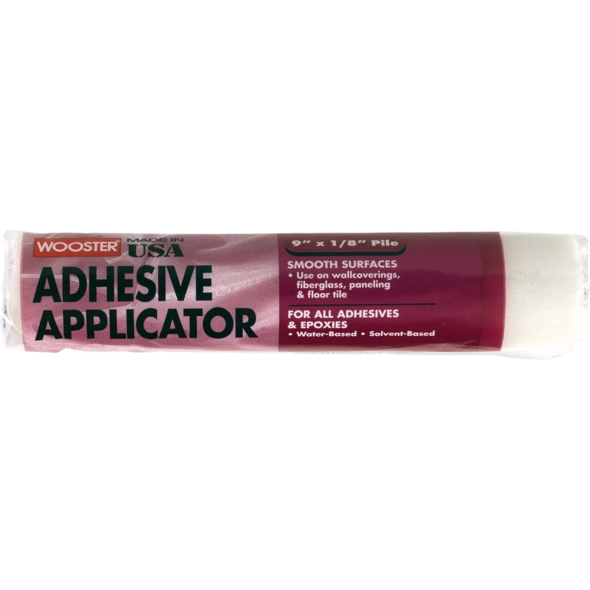 Wooster adhesive applicator roller cover with white fabric for smooth application on smooth surfaces in paint supplies collections