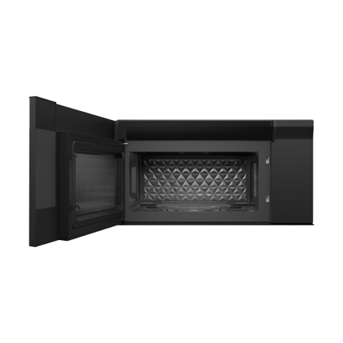 Open black over-the-range microwave oven with diamond-textured interior from Kitchen & Kitchenware appliances collection