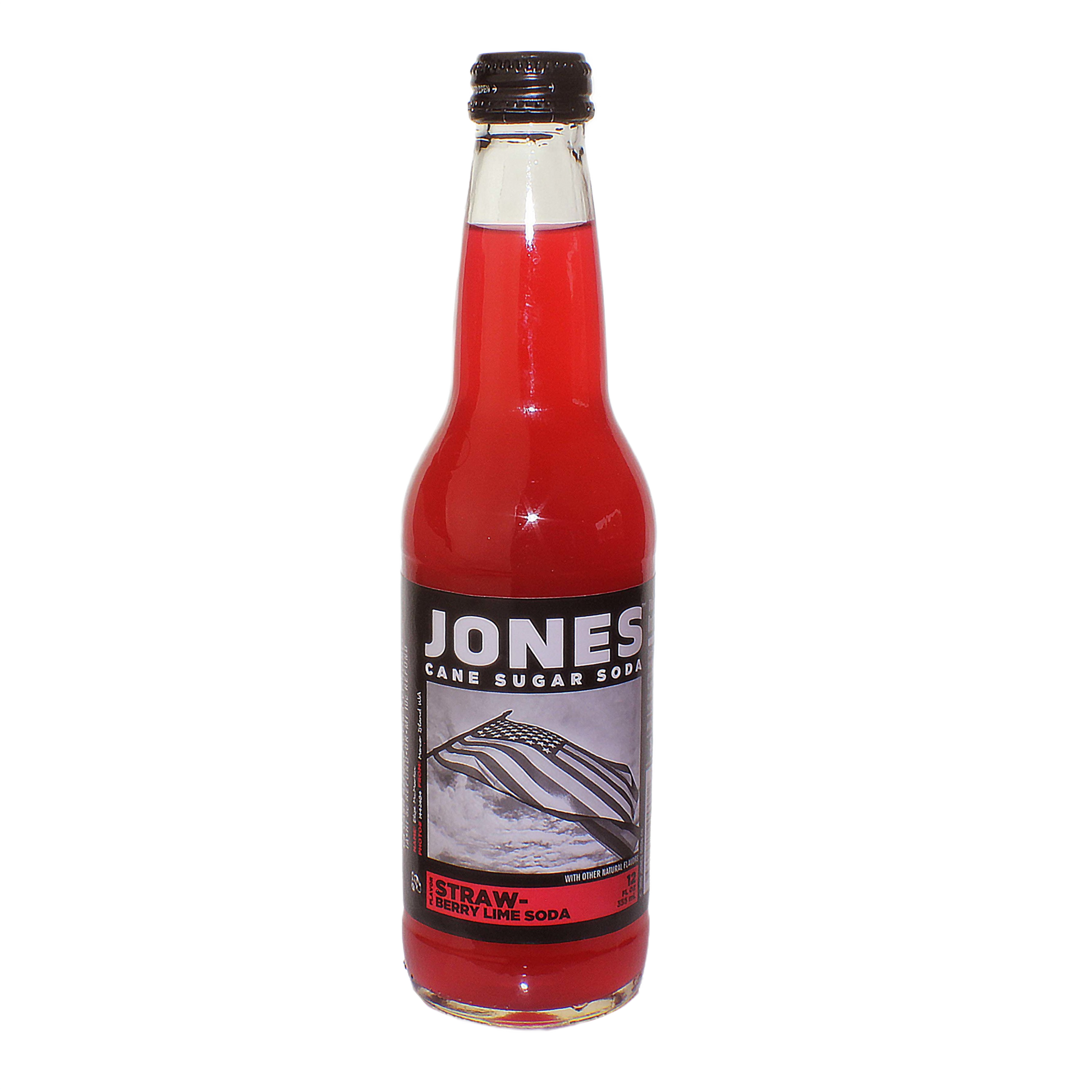 Glass bottle of Jones Strawberry Lime Soda made with pure cane sugar in food and beverage collections under $50