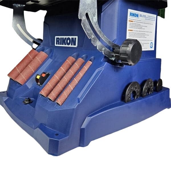 Blue Rikon benchtop sander with sanding belts and spindle accessories for precision home improvement and power tool projects