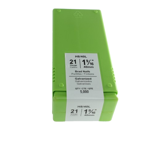 Green plastic container of galvanized 21 gauge 1-9/16 inch brad nails for tools and home improvement projects