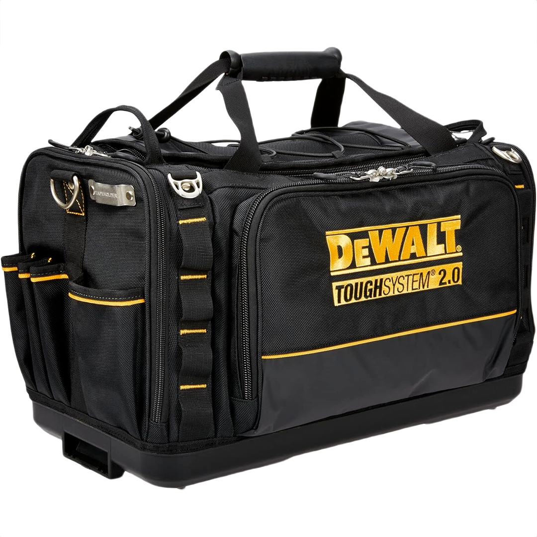 Black and yellow heavy-duty jobsite tool bag with multiple compartments for organized storage in woodworking and home improvement projects