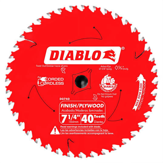 Red 7-1/4 inch 40-tooth finish saw blade for plywood and laminated wood cutting in tools and home improvement tasks