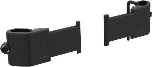 Black plastic attachment mount for customizing and securing Milwaukee PACKOUT™ tool boxes in storage systems