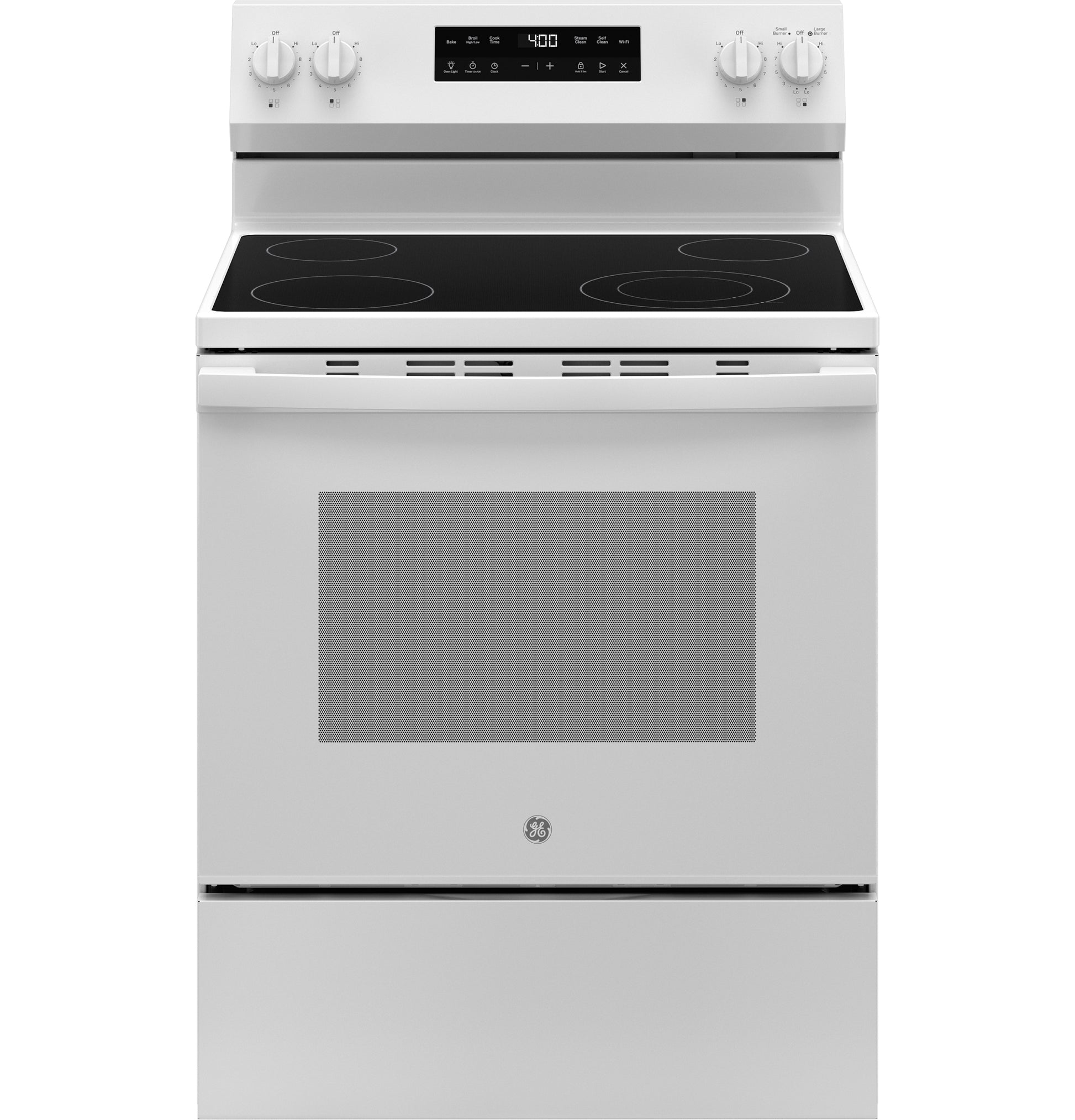 White electric range with smooth cooktop, digital control panel, and stainless steel handle from kitchen appliances collection