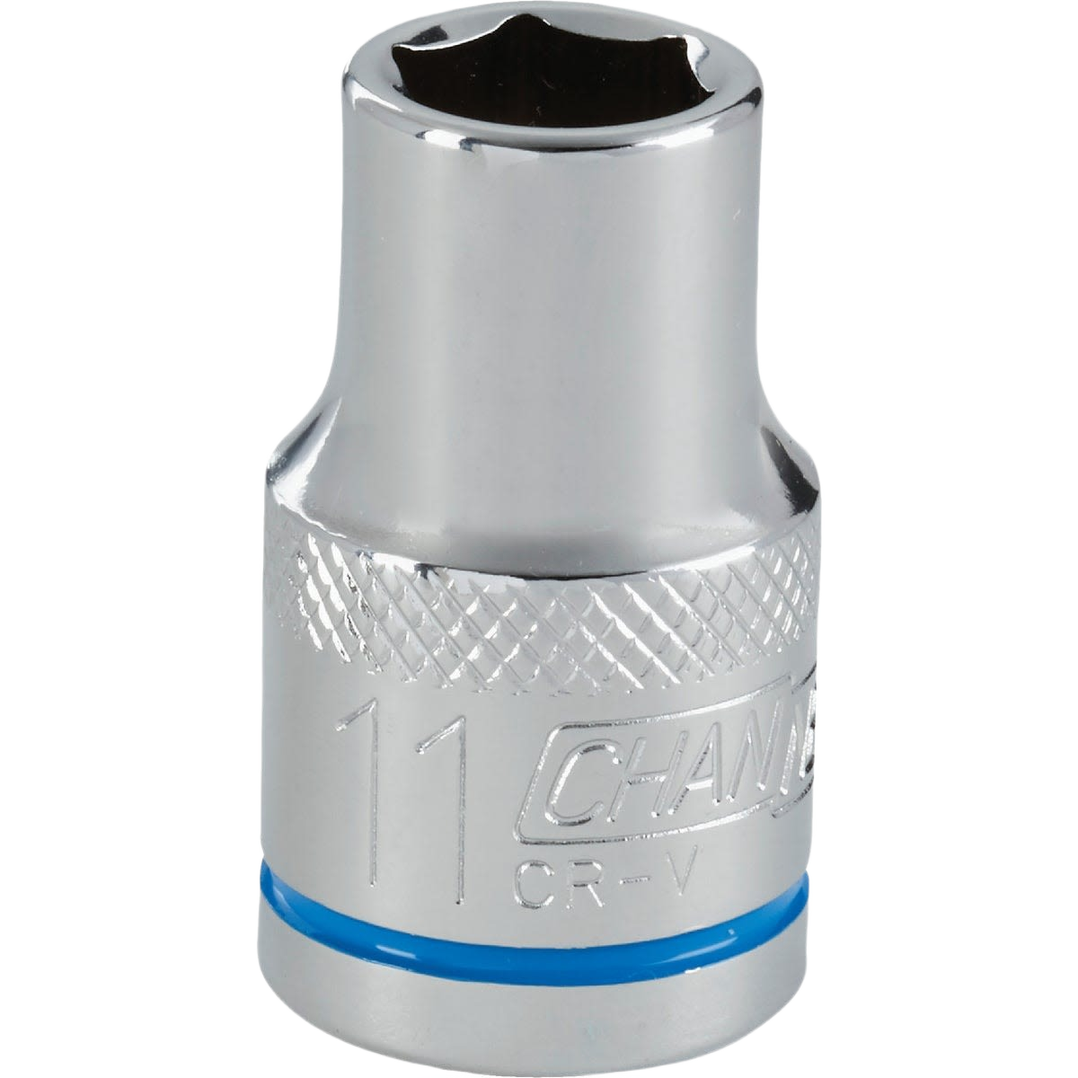 Chrome finished 11mm shallow 6-point socket with knurled grip and blue accent for tools and home improvement tasks