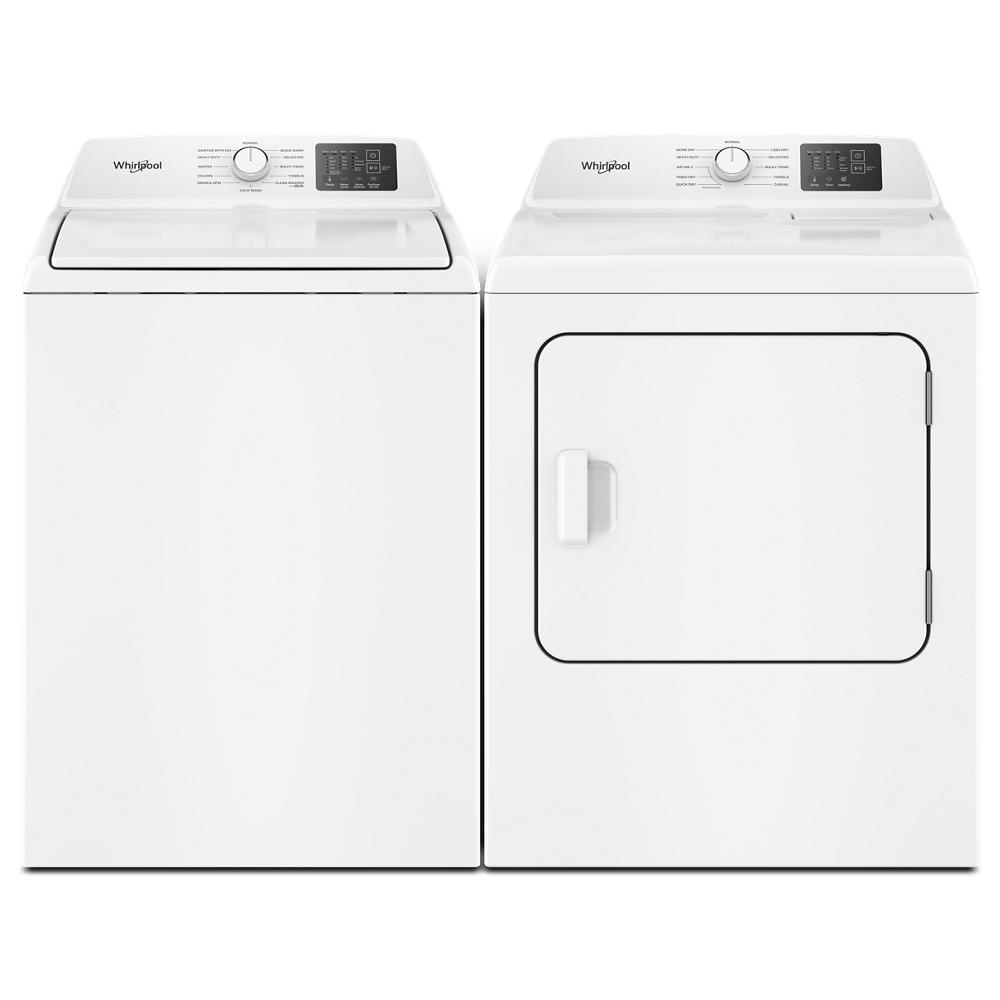 White Whirlpool top load washer with agitator and front load dryer set for laundry appliances and home improvement use