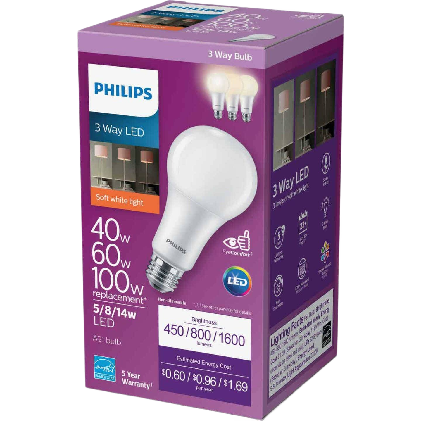 Philips 3-way LED bulb with soft white light for versatile brightness in home lighting and electrical collections under $50
