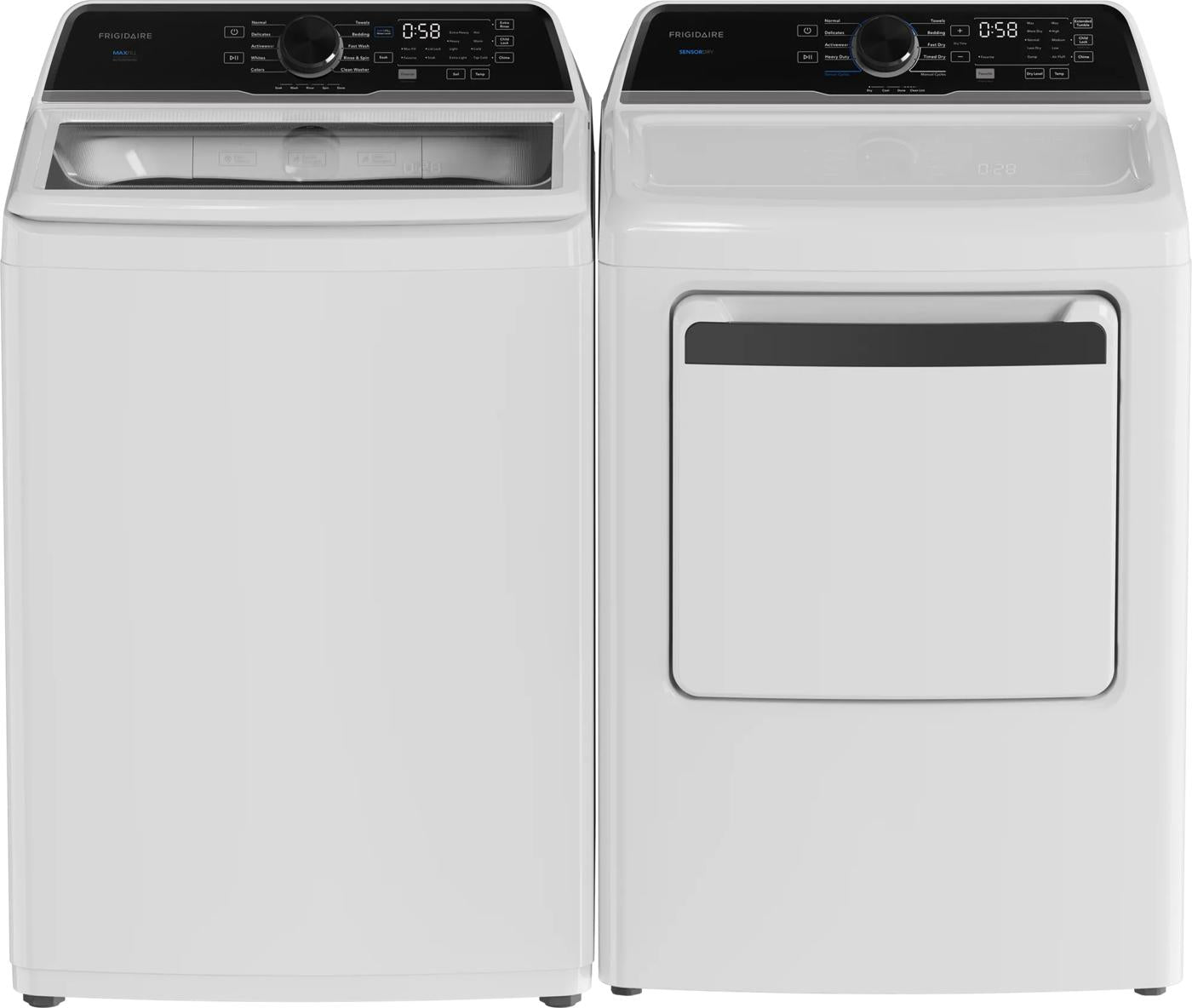 White top load washer and matching dryer with digital controls and multiple wash and dry cycle selections from Washers & Dryers collection