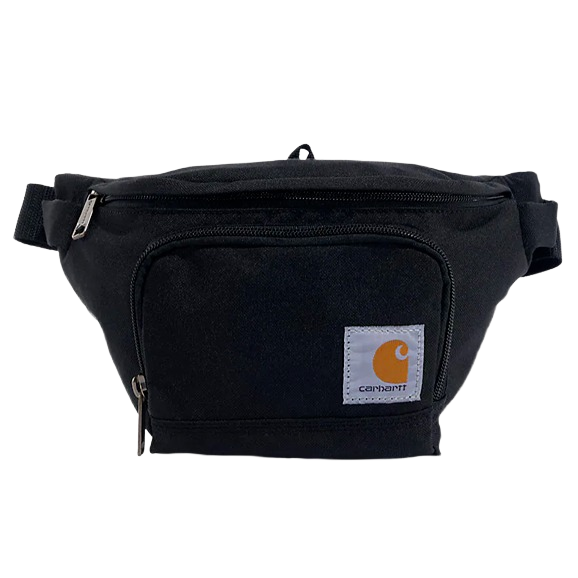 Compact black waist pack with zippered compartments and signature logo patch for hands-free storage and convenience