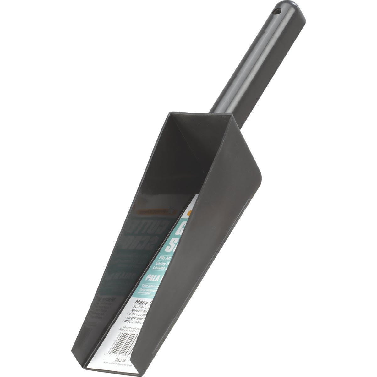 Black plastic gutter scoop with drain feature for roofing and gutter maintenance in home improvement tools collection