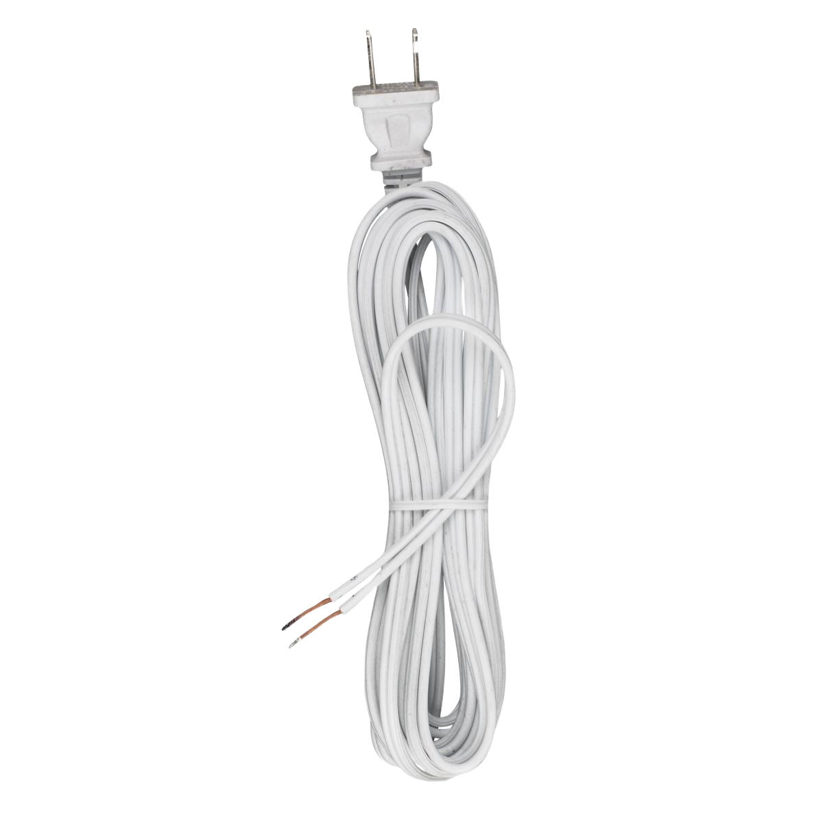 White electrical cord set with two-prong plug and exposed wire ends for lighting and electrical projects