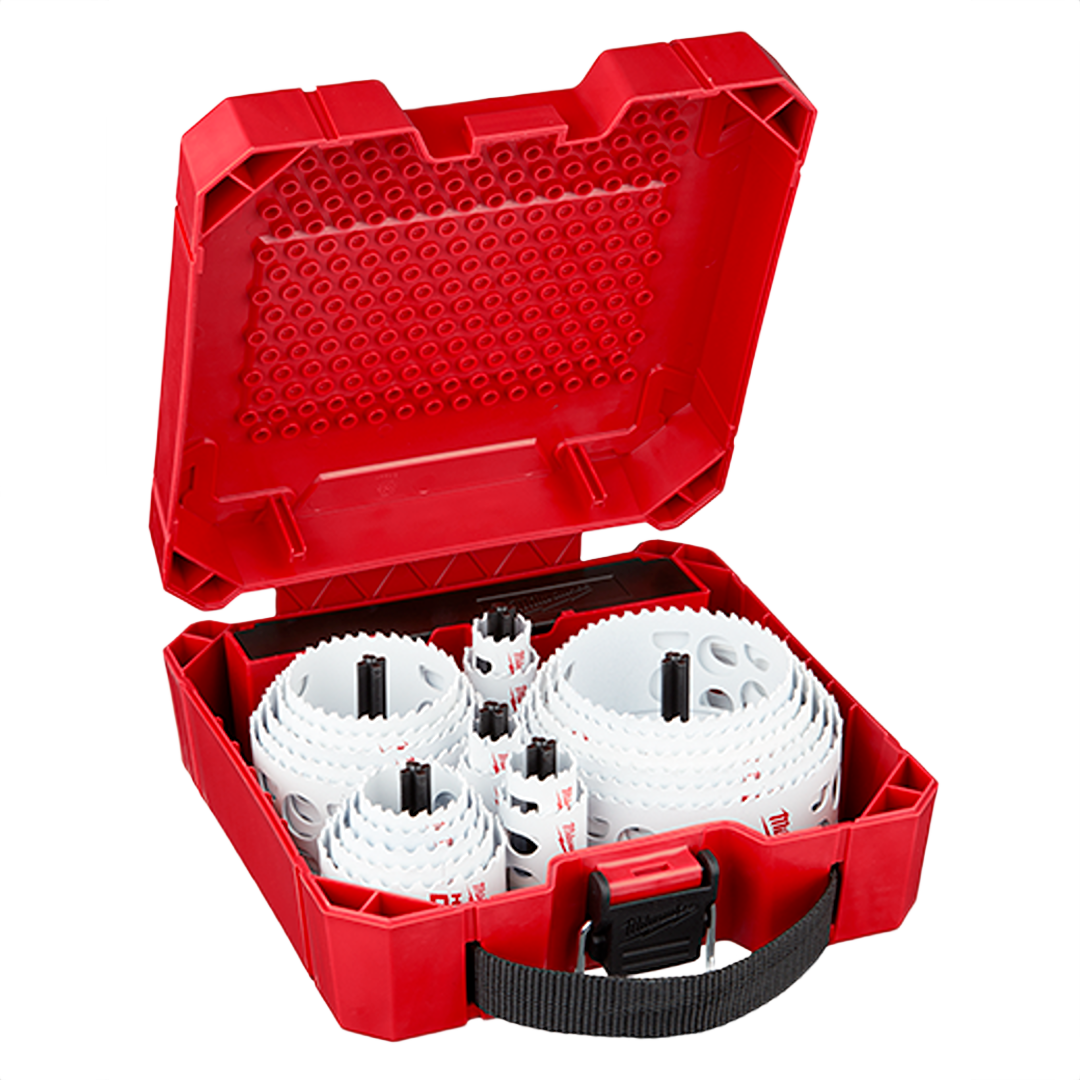Red plastic case holding white hole saw drill bits for woodworking tools and home improvement tasks under $100