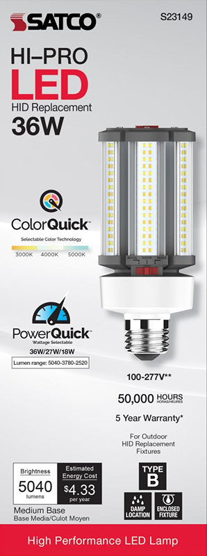 Hi-Pro LED bulb with selectable color temperature and wattage, medium base, suitable for outdoor and enclosed fixtures