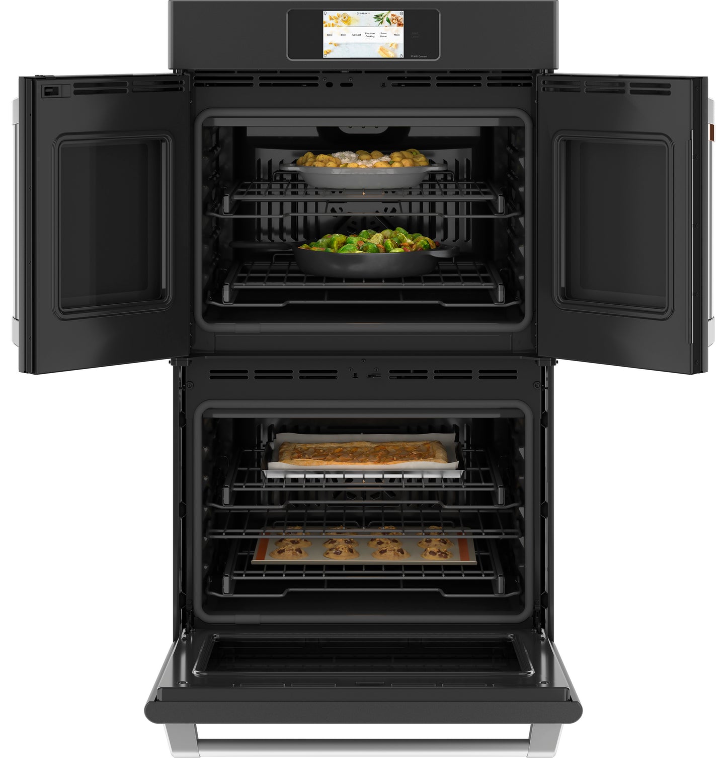 Modern black convection double wall oven with French doors, touchscreen, and food baking inside in kitchen appliances collection