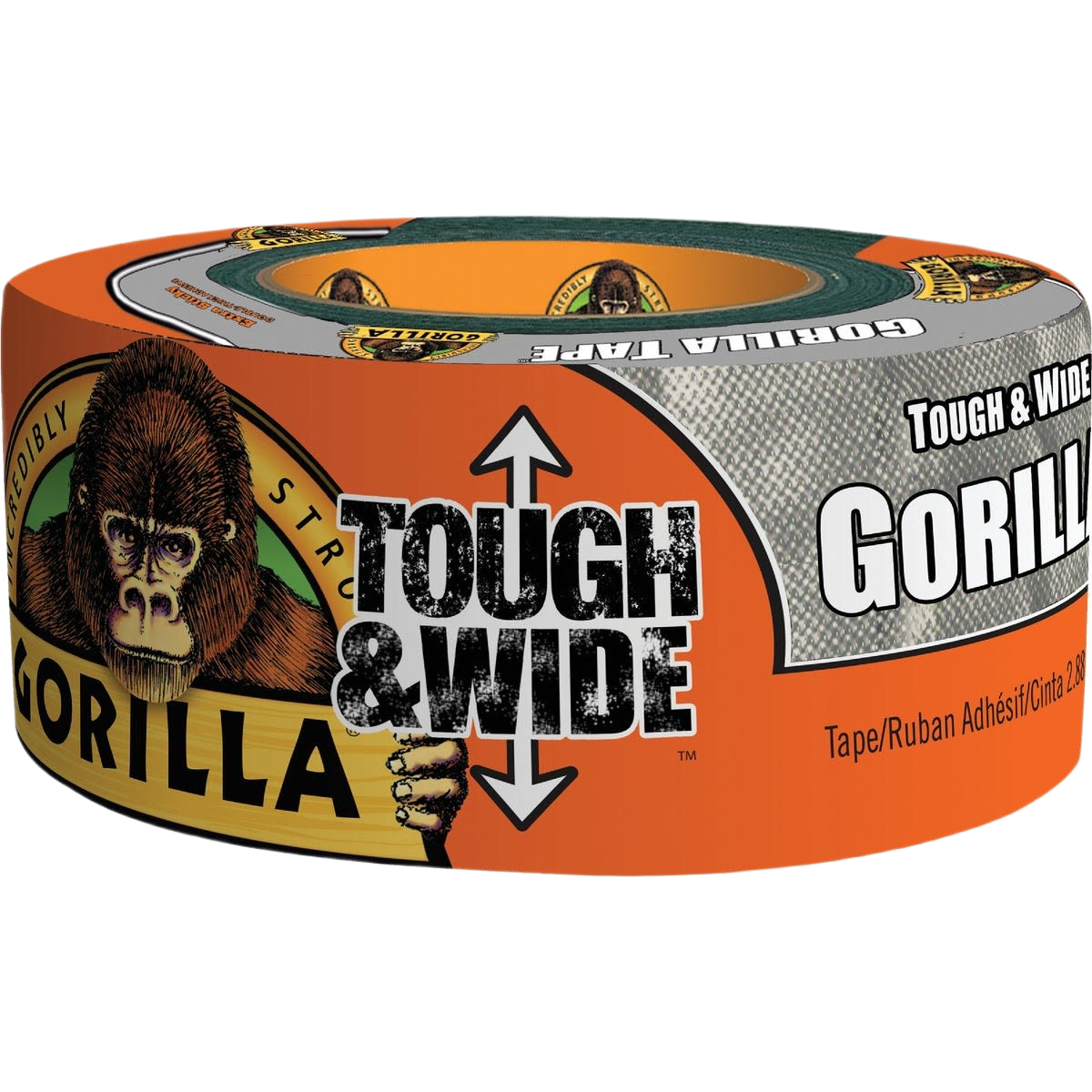 Roll of silver heavy-duty duct tape with Gorilla logo and orange, black, and gray branded packaging for home improvement tools collections