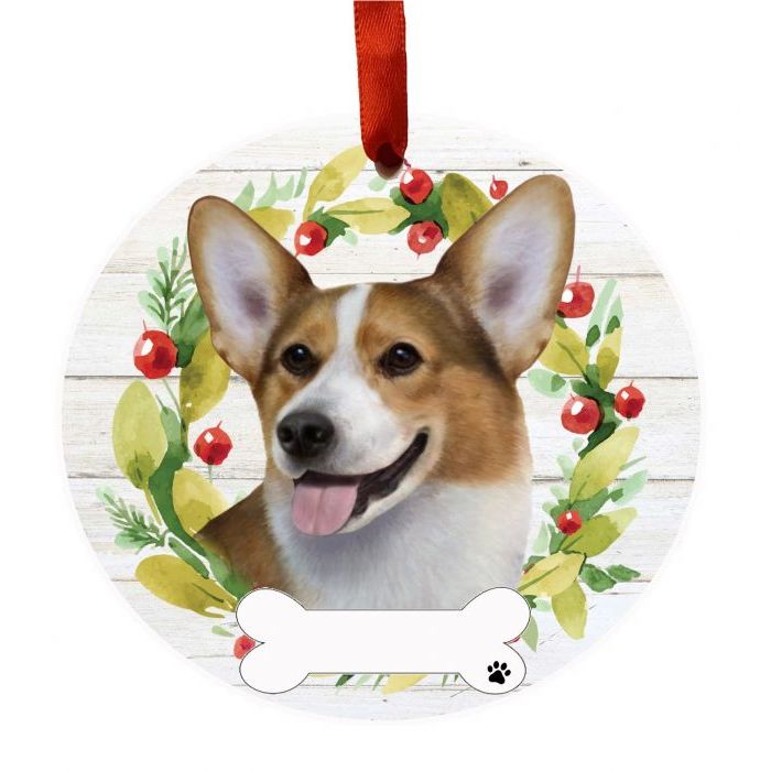 Round Christmas ornament featuring a cheerful Welsh Corgi with festive wreath in holiday decor collection under $50