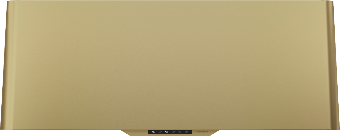 sleek satin gold wall mounted range hood with invisible touch controls for modern kitchen ventilation