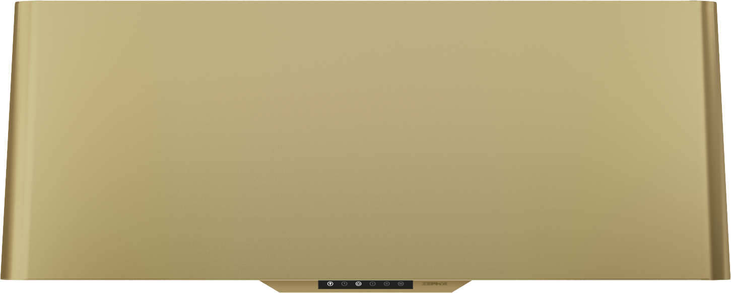 sleek satin gold wall mounted range hood with invisible touch controls for modern kitchen ventilation