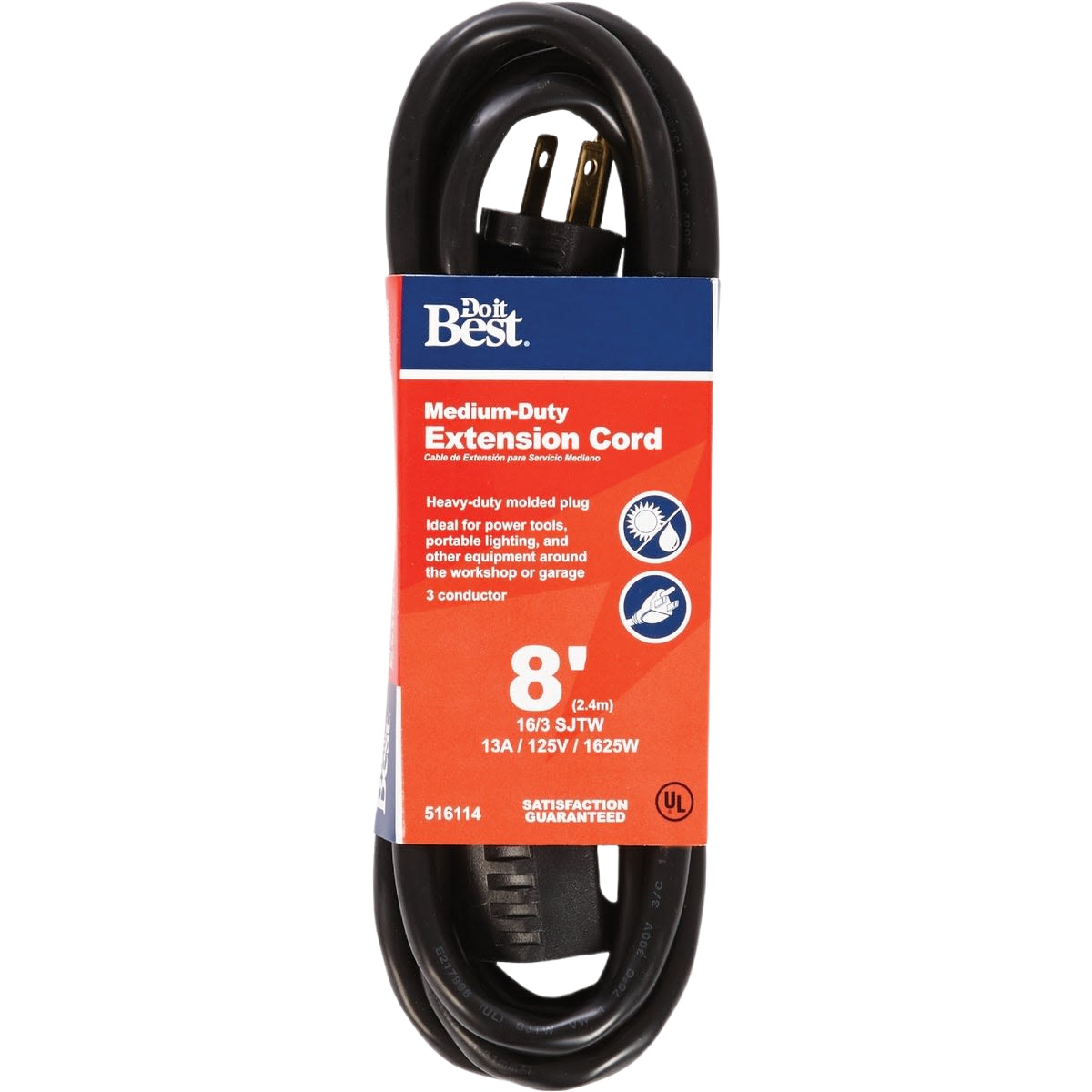 Black medium-duty 8 ft extension cord with molded plug for electrical and home improvement tasks under $50