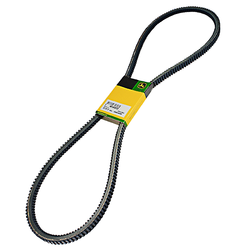 Black rubber drive belt with ribbed texture and yellow-green John Deere label for outdoor equipment maintenance