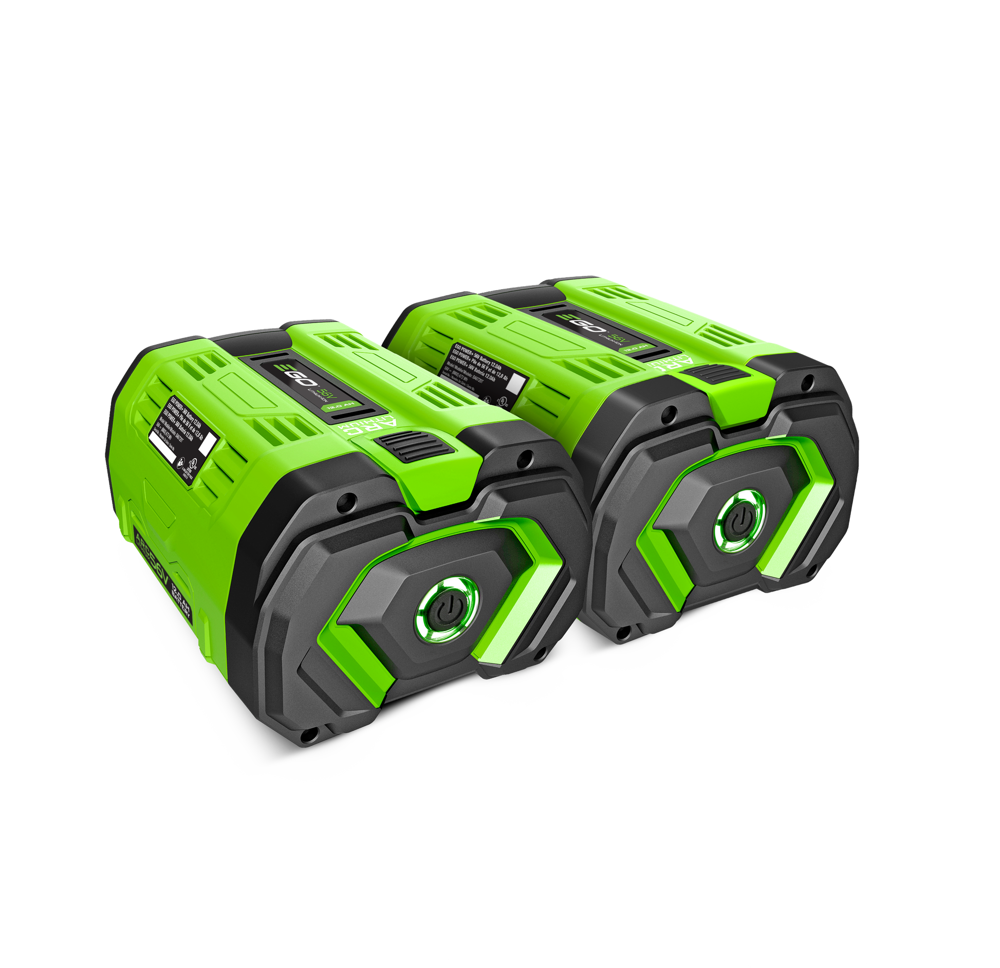 Two green and black rechargeable batteries with fuel gauge indicators for tools and home improvement use