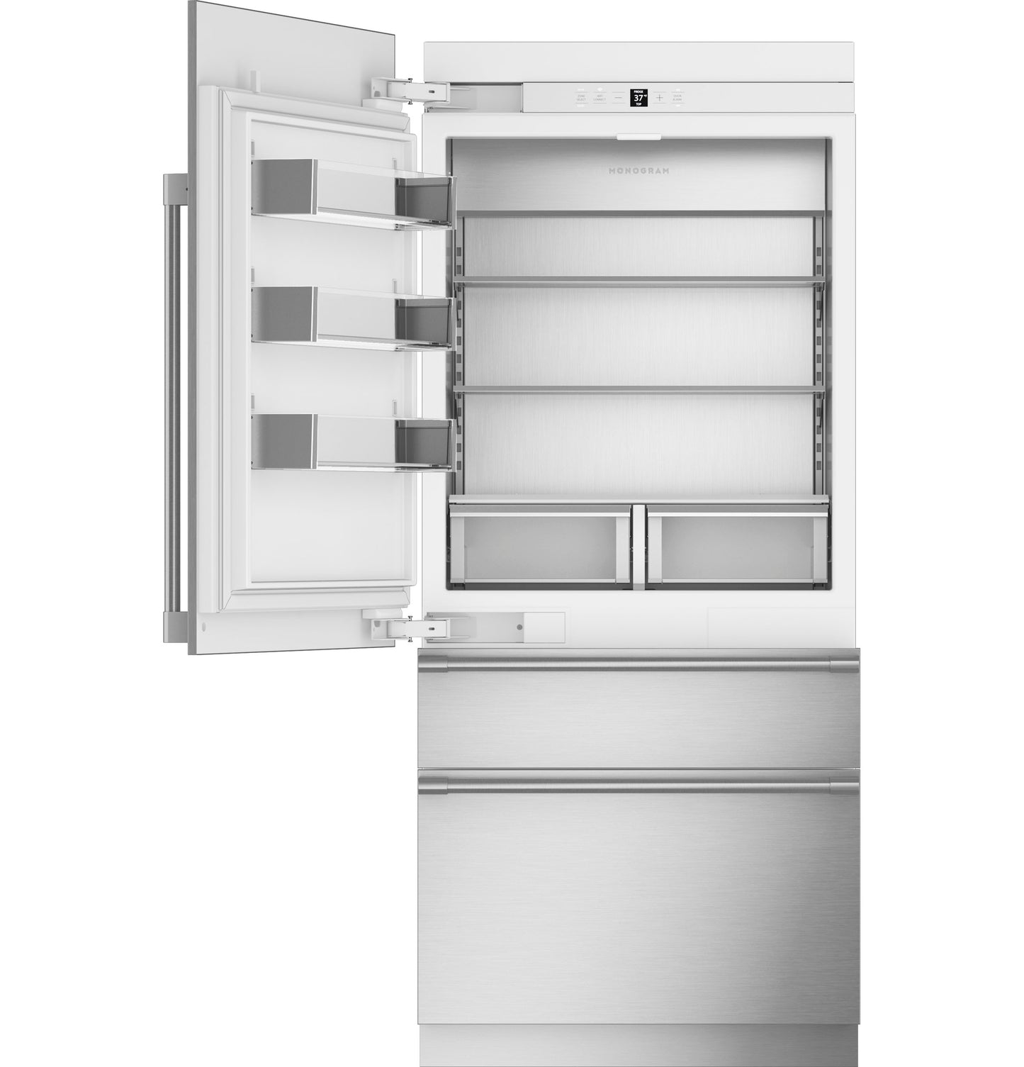 Open panel-ready integrated bottom-freezer refrigerator with left hinge showing adjustable shelves and storage drawers in appliances collection