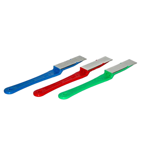 Set of three offset diamond sharpeners with blue, red, and green handles for woodworking tool accessories and sharpening tasks