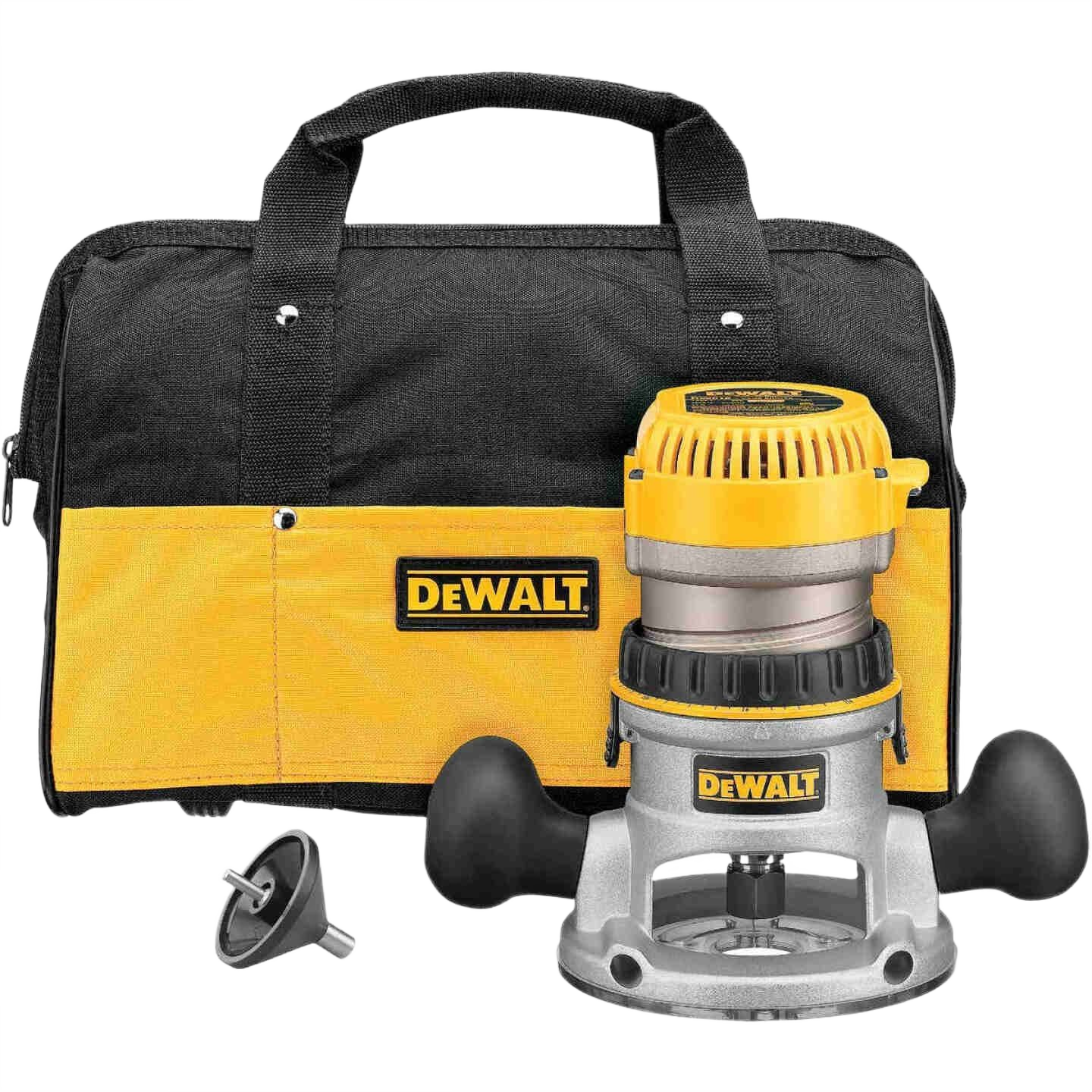 Compact yellow and silver router tool with dual black handles next to a matching yellow and black carrying bag for home improvement tasks