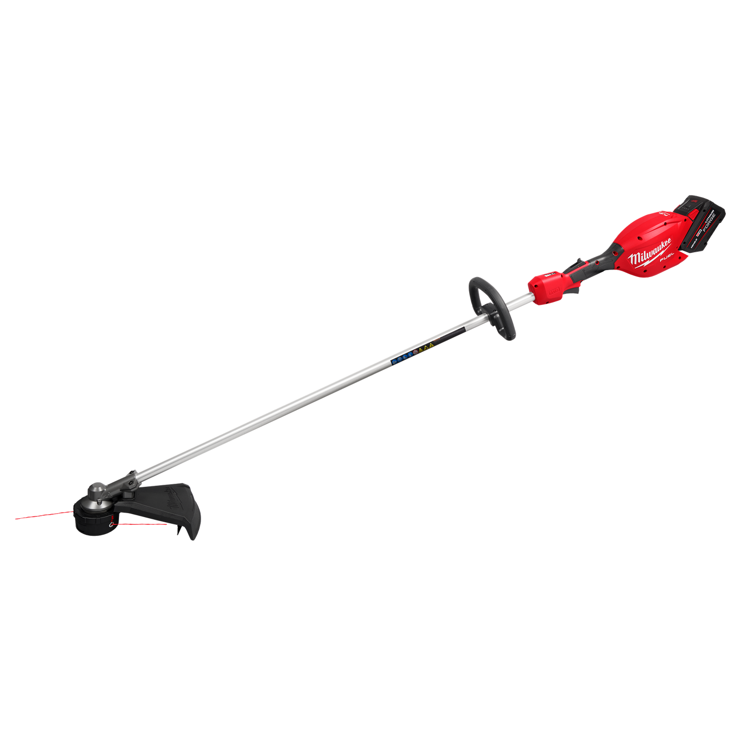 Red and black cordless string trimmer with metal shaft and adjustable handle for yard and garden maintenance tasks