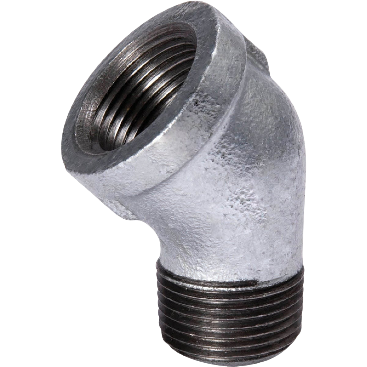 Galvanized iron 45-degree street elbow fitting with threaded ends for plumbing and irrigation under 50 dollars