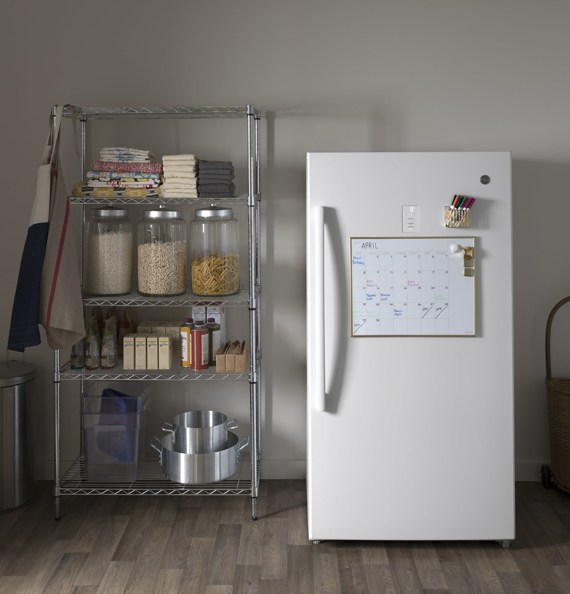 White frost-free upright freezer with magnetic dry erase calendar on door in home appliances and upright freezers collection
